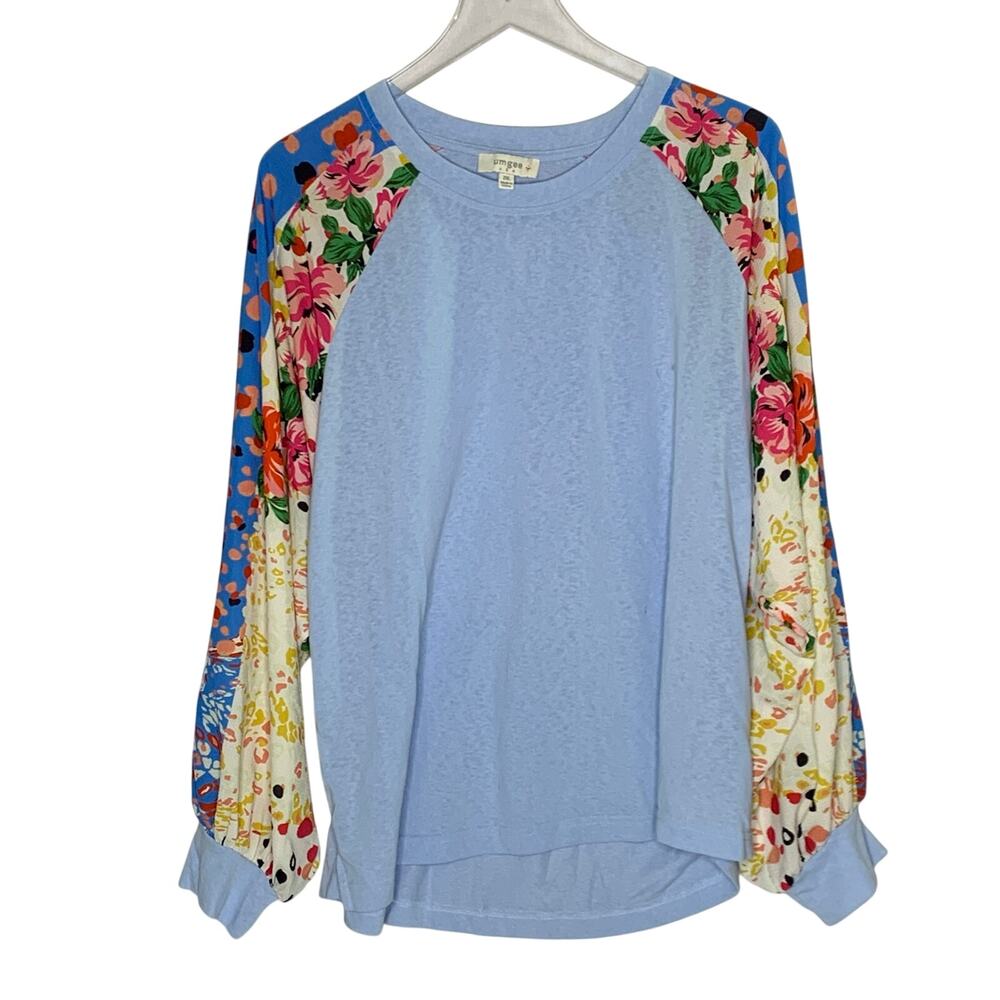 Umgee Floral Long Sleeves Colorblock Top 2XL Blue Round Neck Rose Cottage